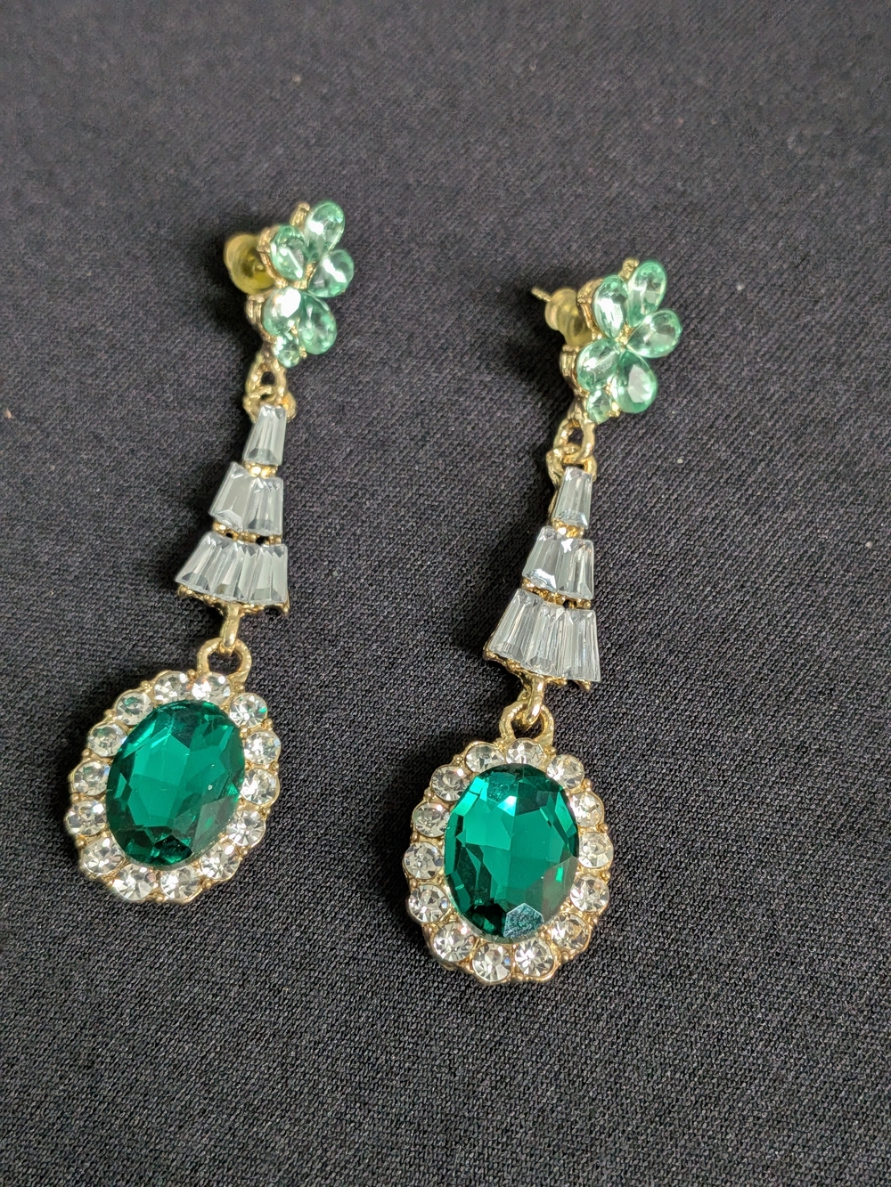 Gold-Tone Emerald Green Crystal Drop Earrings 2.5"